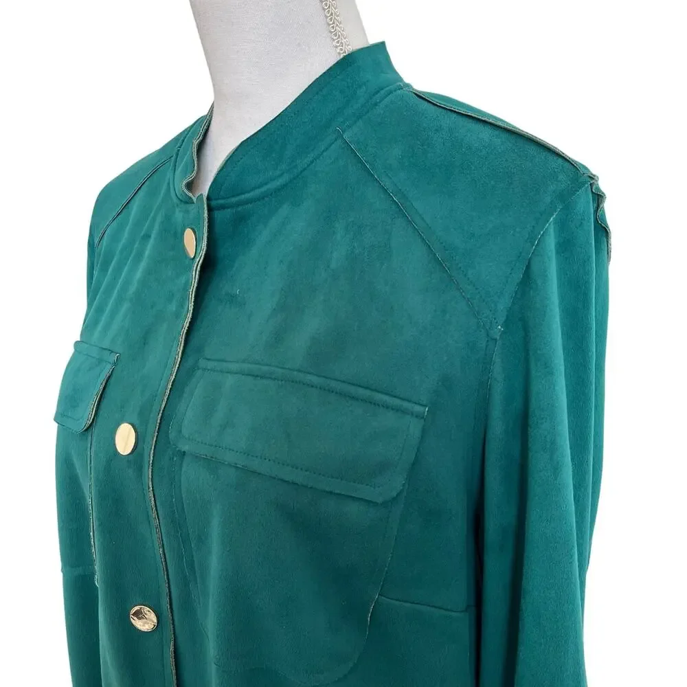 Chico's Jacket Women's Size 2 Large 12/14 Turquoise Faux Suede Gold Buttons